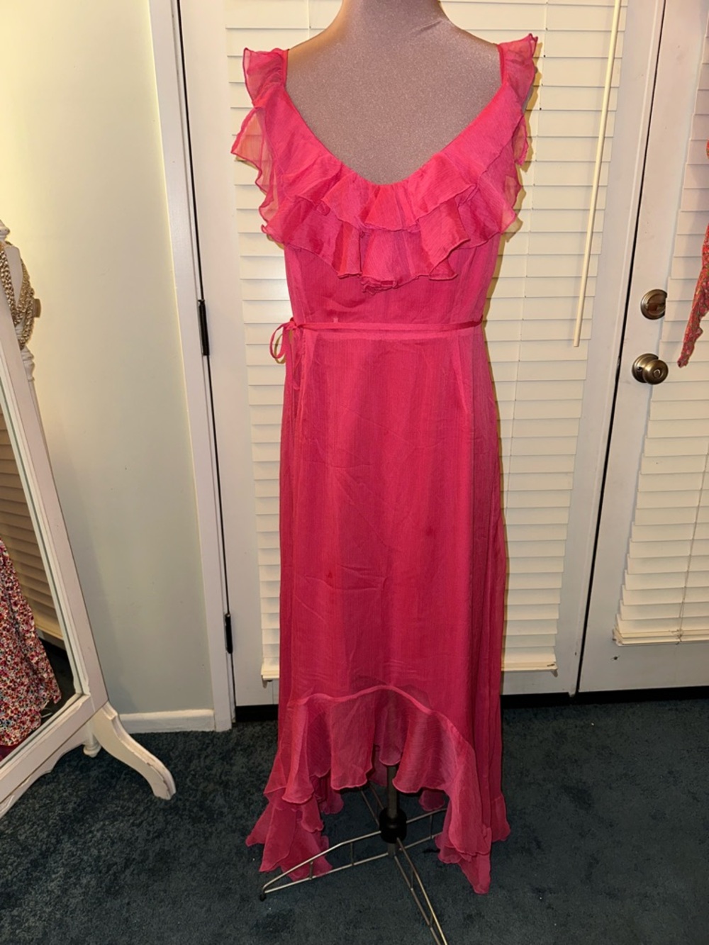 Lulu's Hot Pink Ruffle V-Neck Maxi Dress - Picture 2 of 4